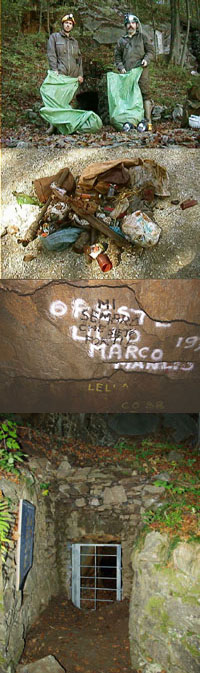 Rimozione di rifiuti dalla grotta. - Pareti deturpate da scritte di visitatori. - Il cancello apposto dal CRC nel 2007.